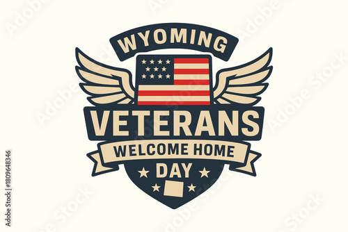 Wyoming veterans welcome home day emblem with american flag and wings