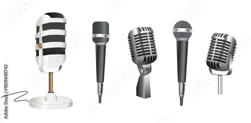 Podcast Vintage Microphone radio logo design. 3D silver microphone on golden and white stand. Vintage studio and concert equipment. Podcasting symbol. Vector