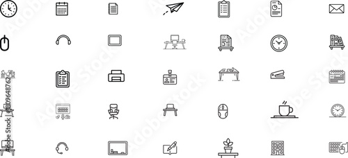 Office and Workspace Line Icon Set – Minimal Work Desk, Stationery, Productivity, Equipment, and Organization Outline Icons
