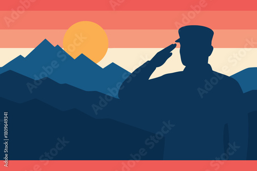Soldier saluting against mountain sunset patriotic background
