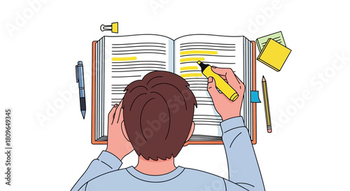 Overhead view of a person highlighting important text in an open book with a yellow marker pen during study session