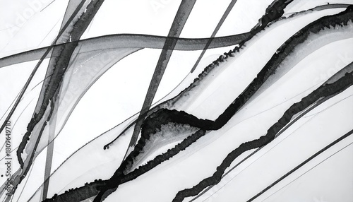 Abstract ink on paper, black lines and washes on a white background, flowing diagonally