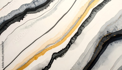 Abstract watercolor artwork with layered diagonal bands of grayscale, gold, and white