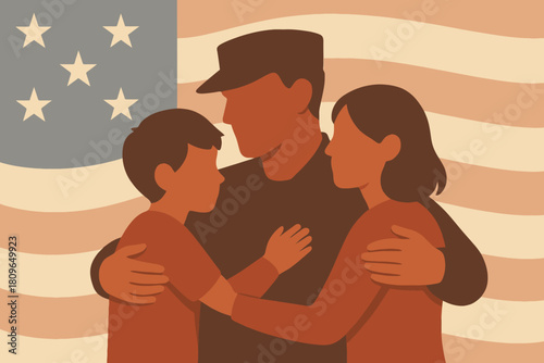 Soldier embracing family with american flag background
