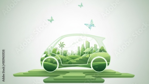 A soft gradient car outline with green city inside and floating leaf gliders for green transportation initiatives