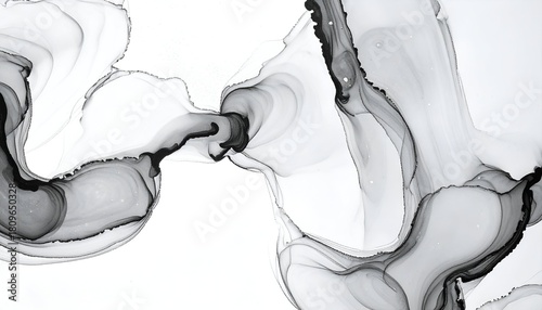 Abstract grayscale ink painting with fluid shapes and wispy, organic patterns