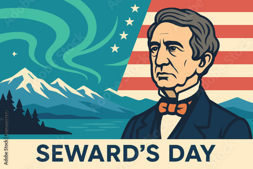 William seward and alaskan landscape with northern lights and american flag