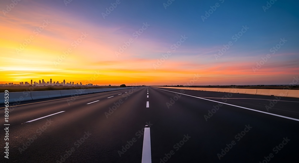 Fototapeta premium Highway leading to city skyline at sunset with vibrant sky colors