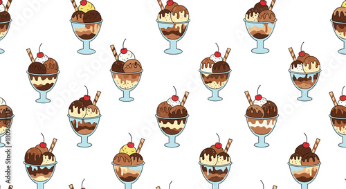 Seamless pattern of delicious cartoon ice cream sundaes in glass cups with chocolate topping cherries and wafers for dessert.