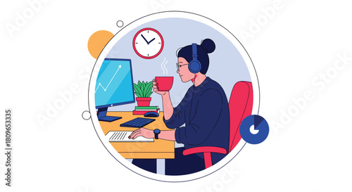Woman with headphones enjoys a coffee break while working on her computer in a modern office environment productivity concept.