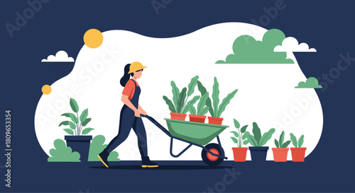 Female gardener in overalls pushes a wheelbarrow filled with potted plants while tending to her lush and beautiful garden.