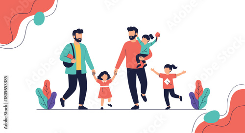 Happy gay male couple with their three young daughters enjoying a loving family walk together in a heartwarming illustration.