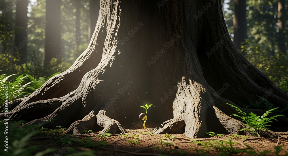 Obraz premium Small Green Seedling Growing at the Base of a Large Tree in a Sunlit Forest