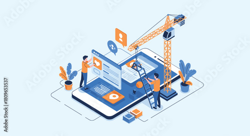 Isometric concept of mobile app development with a team of developers and a crane constructing the user interface on a phone.