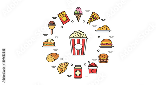 Circular arrangement of colorful flat line icons representing various types of popular fast food and unhealthy snacks to eat.