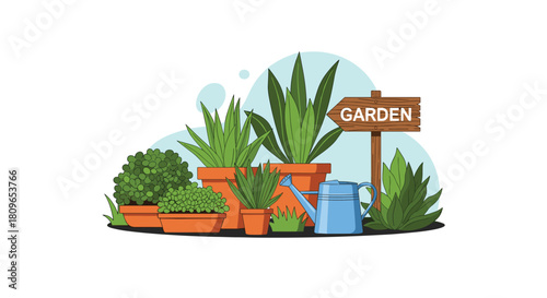 Beautiful collection of assorted potted houseplants and a watering can arranged together with a wooden garden sign for decor.