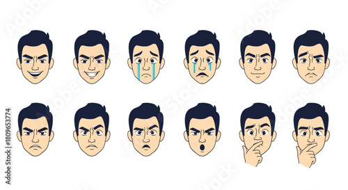 Set of twelve different facial expressions of a young man showing a wide range of emotions from happiness to anger and sadness.