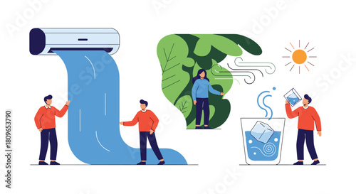 Concept illustration showing people staying cool during hot weather with air conditioning a fresh breeze and an iced drink.
