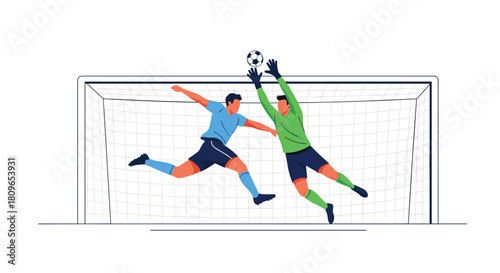 Soccer goalkeeper in green makes a spectacular save by jumping to block a powerful shot from an opposing player in blue.