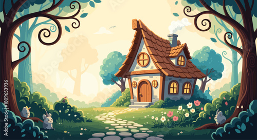 Charming fairytale cottage with a smoking chimney is nestled in a magical sunlit forest surrounded by cute animals and flowers.