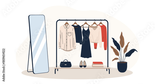 Modern minimalist wardrobe scene with a clothing rack full of stylish outfits a full-length mirror and a potted plant design.