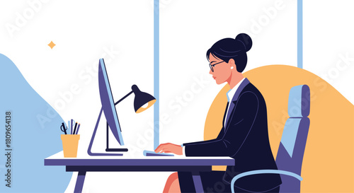 Businesswoman in a formal suit and glasses diligently works on her computer at a modern office desk with a clean background.