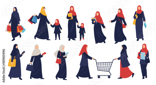 Diverse collection of Muslim women in hijabs and traditional attire engaged in daily activities like shopping and family life.