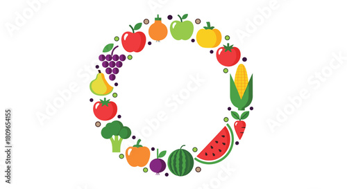 Circular frame created from a vibrant assortment of fresh fruits and vegetables promoting healthy eating and a balanced diet.