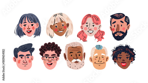 Diverse men and women portraits set. Trendy stylish people avatar. Different age, race, hairstyles, emotions. Contemporary cartoon faces. Abstract hand drawn collection. Isolated vector illustration .