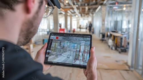 
Architect scanning a building with an iPad to create a 3D model. Concept: architectural scanning, 3D modeling, building analysis, digital construction tools, material recognition, modern design techn
