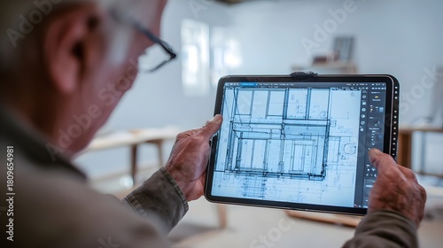 
Architect scanning a building with an iPad to create a 3D model. Concept: architectural scanning, 3D modeling, building analysis, digital construction tools, material recognition, modern design techn