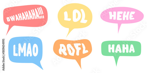 Laughing speech bubbles set. Cute chat balloons with text Bwahaha, LOL, Hehe, Lmao, Rofl, and Haha. Social media reaction, slang acronyms, and humor concept. Vector illustration.