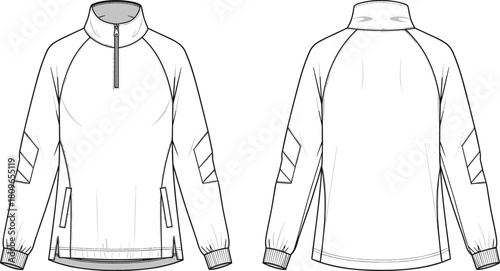 Technical fashion sketch of quarter zip sportswear top with raglan sleeves, front and back view vector illustration for apparel design.