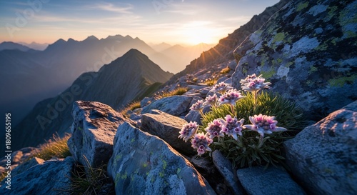 Edelweiss Flowers at Sunrise in the Alps Mountains.