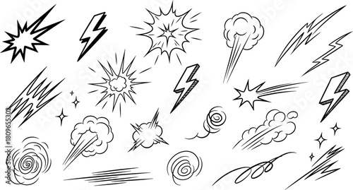Vector Illustration of Dynamic Comic Book Action Effects Kit with Speed Lines, Lightning Bolts, and Explosion Bursts