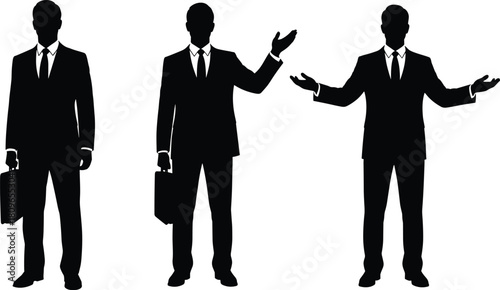 Set of three businessmen silhouettes, presenting, greeting and standing with briefcase, black isolated male figures in formal suit for management.