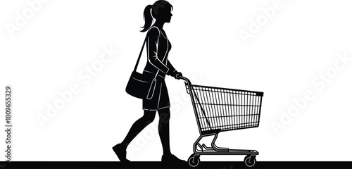 Silhouette of woman walking and pushing empty shopping cart, isolated vector illustration of female shopper consumer on white.