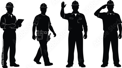 Set of construction worker silhouettes including supervisor with clipboard, laborer with tool belt and engineers waving, isolated vector illustration.
