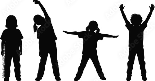 Set of children silhouettes doing morning exercises, kids stretching arms and raising hands, isolated vector illustration for fitness.