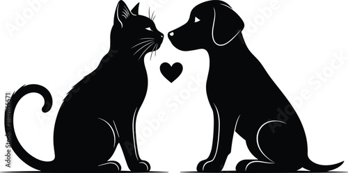 Silhouette of cat and dog sitting face to face with heart, vector illustration of pet friendship and love.