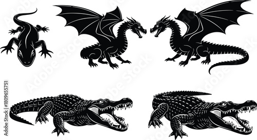 Set of black reptile silhouettes including mythical dragon, crocodile with open mouth and lizard, isolated vector tattoo illustration.