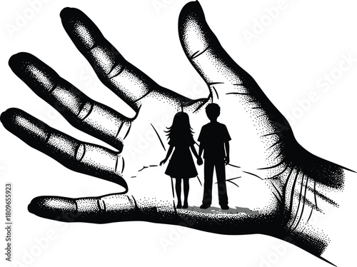 Large human hand holding silhouette of boy and girl, concept of child protection, safety and care, isolated vector illustration.