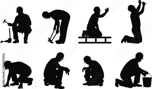 Set of construction worker silhouettes kneeling and crouching, men in hard hats working on floor, isolated vector illustration.