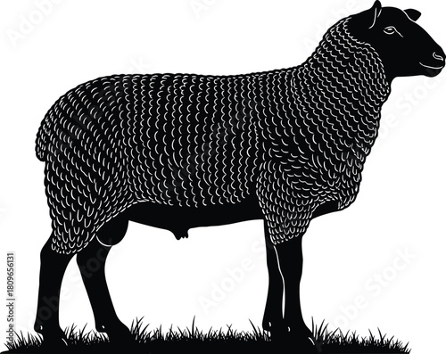 Stylized black sheep silhouette with textured wool standing on grass, isolated vector illustration of farm animal side view.