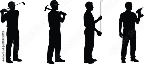Set of male silhouettes featuring construction worker with hammer, handyman with drill, and golfer swinging club, isolated vector illustration.