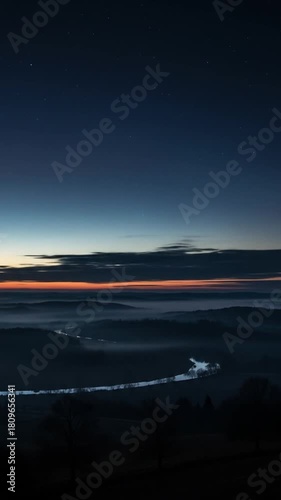 Stunning sunrise over misty valley with winding river, perfect for travel inspiration and outdoor adventure campaigns showcasing scenic landscapes
