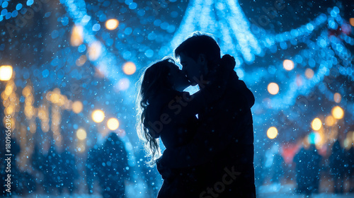 Naklejka 雪降る冬のイルミネーションを背景にキスをするカップルのシルエット