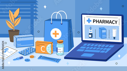 Online pharmacy vector illustration. Medical prescription, pill bottles, blister pack and other pharmaceutical items. Digital healthcare, medication delivery concept.