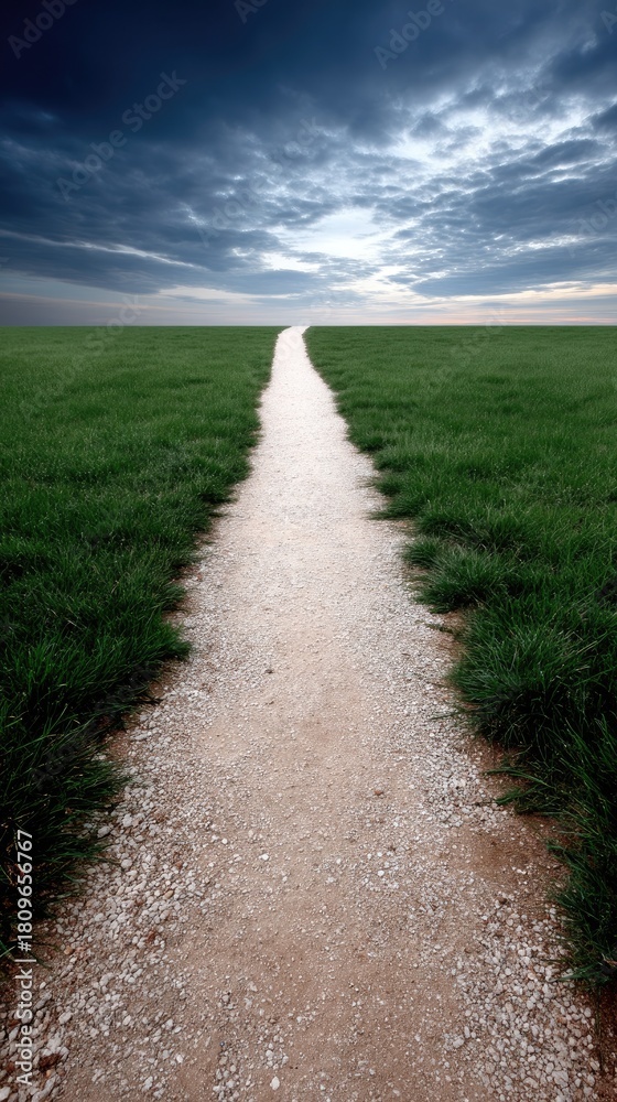 Fototapeta premium A winding dirt road cuts through lush green fields while a bright sun shines in a clear blue sky, reflecting the beauty of nature