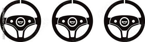 Illustration of three steering wheels in black and white style